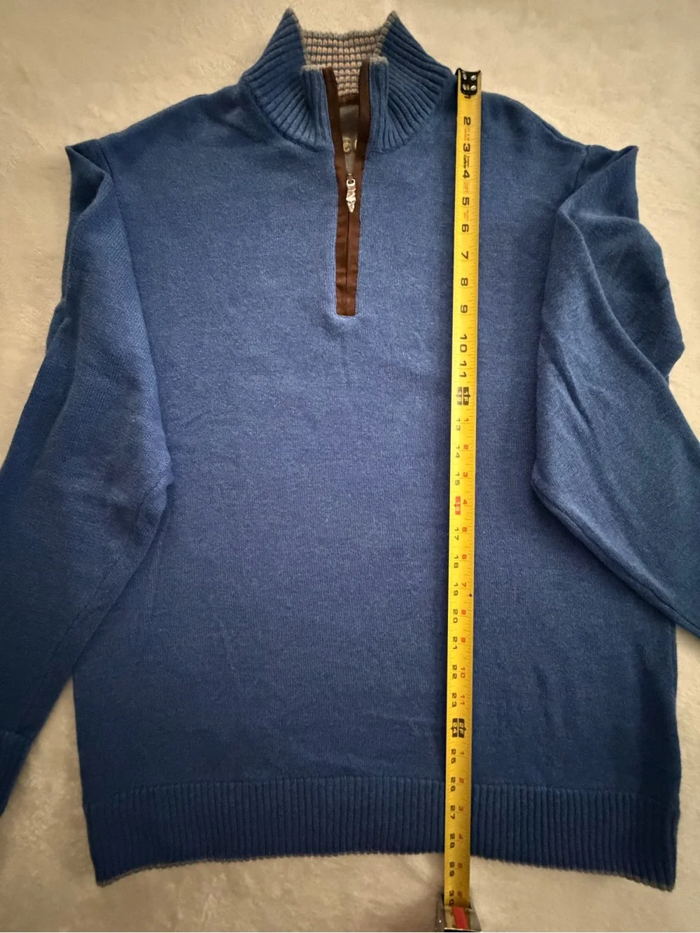 Robert Graham Men's Blue Quarter-Zip Cotton Long Sleeve Sweater with Brown Trim